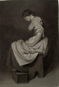 Cornelis Bega, Seated Woman with Footwarmer, c. 1660/61, oil on paper, 9 1/2 x 6 3/10"