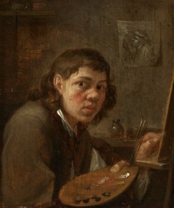 Gillis van Tilborgh II, Self-Portrait in Studio, c.1645, oil on panel, 4 1/4 x 3 1/2 in.