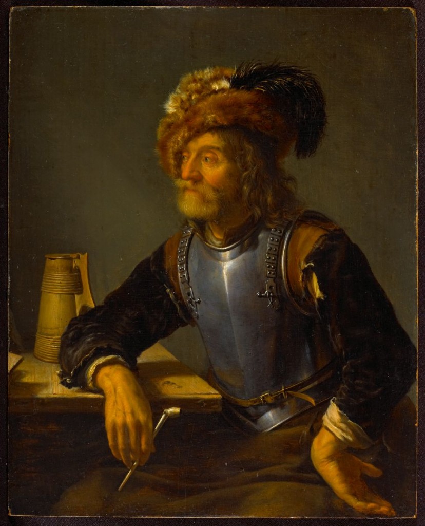 Portrait of an older man in a furry hat and armor holding a pipe.
