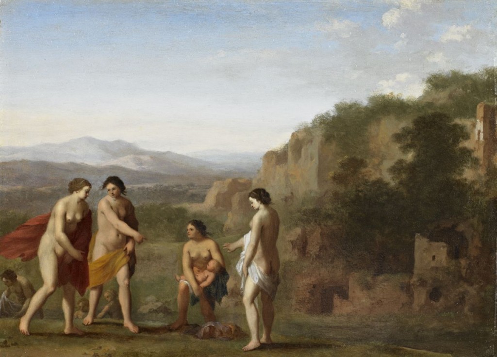 4 nude figures, one holding a baby, stand before a landscape.