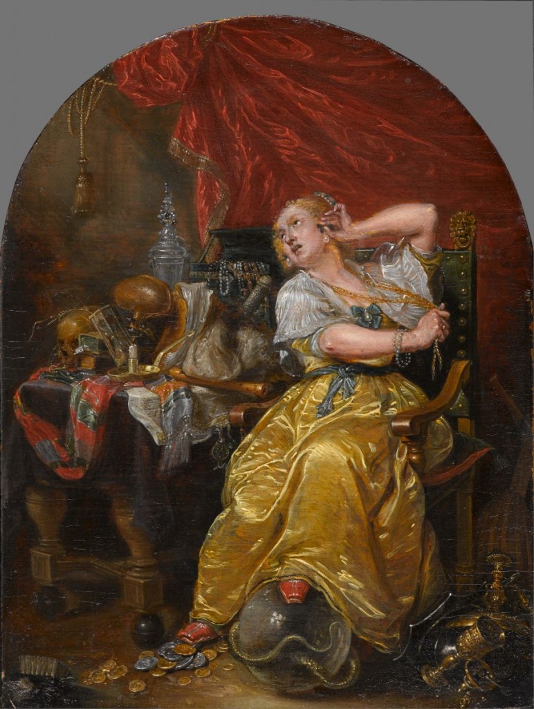 A young woman sits surrounded by drapery, fur, coins, and jewels.