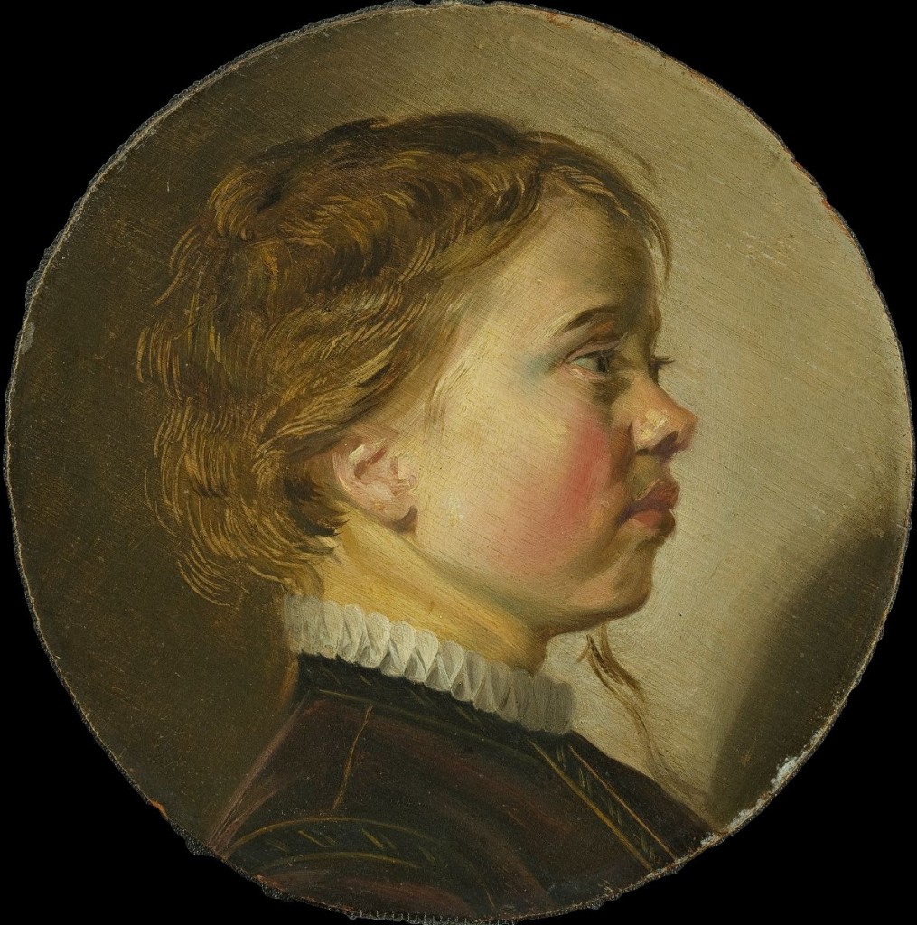 Profile painting of a young boy with light hair and flushed cheeks.